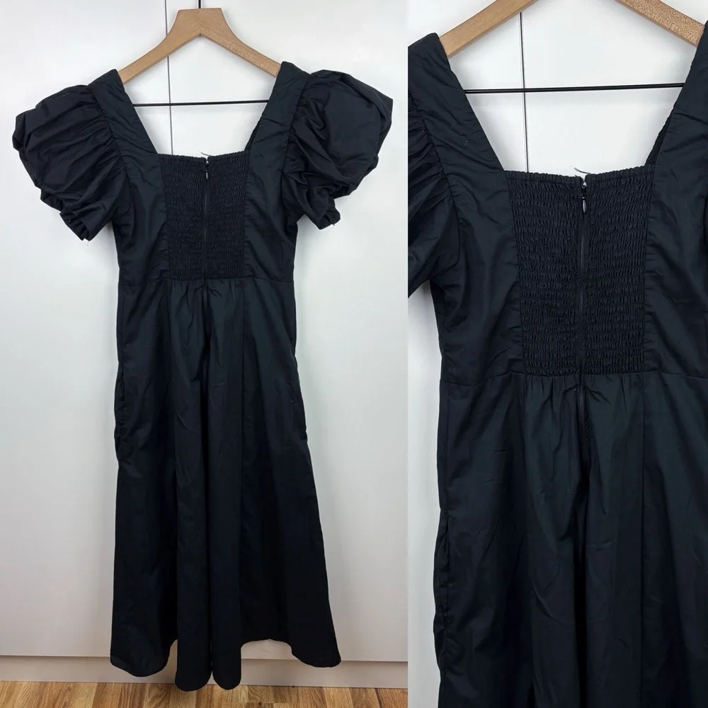 Abercrombie Puff Sleeve Plunge Midi Dress Black V Neck Cotton Blend Poplin Small - Picture 3 of 9